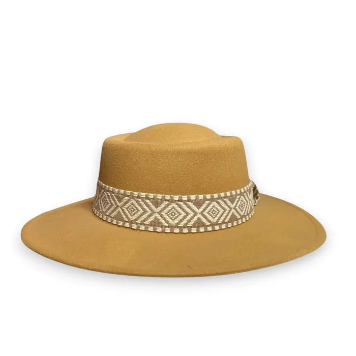 Tan Round Crown Wide Brim Fedora with tribal band and structured felt brim for boho western festival styling