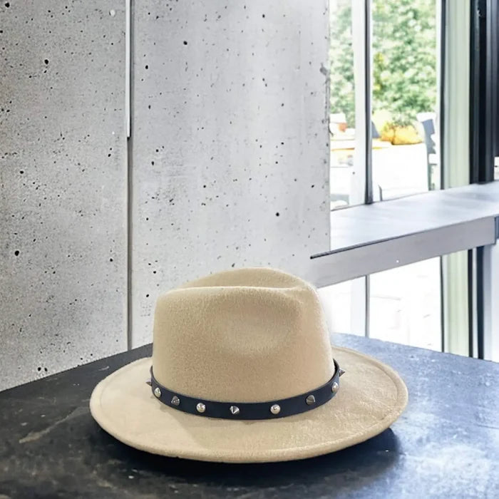 Camel Tan Stiff Brim Fedora Hat silver spiked black band creased tall crown