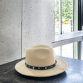 Camel Tan Stiff Brim Fedora Hat silver spiked black band creased tall crown