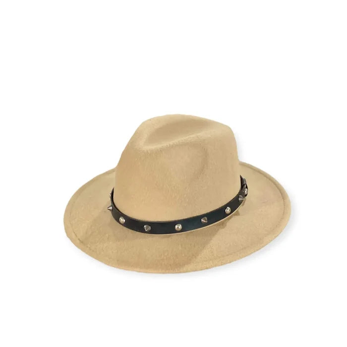 Camel Tan Stiff Brim Fedora Hat silver spiked black band creased tall crown