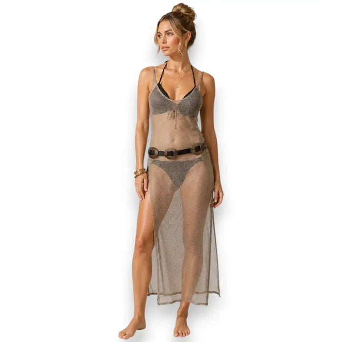 model front view wearing gold Tank Metallic Mesh Maxi Dress Cover Up / os