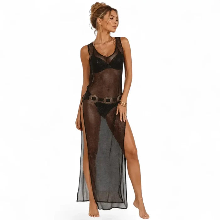 Model wearing a front view black Tank Metallic Mesh Maxi Dress Cover Up / os