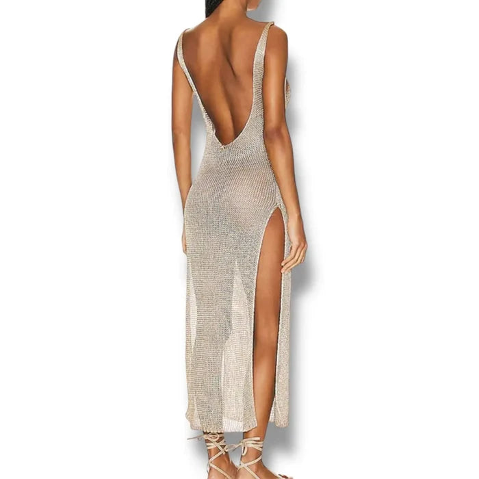 model back view wearing the gold Tank Metallic Mesh Maxi Dress Cover Up / os