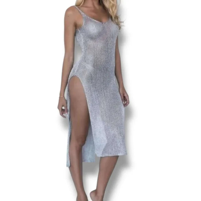 model wearing the silver Tank Metallic Mesh Maxi Dress Cover Up / os