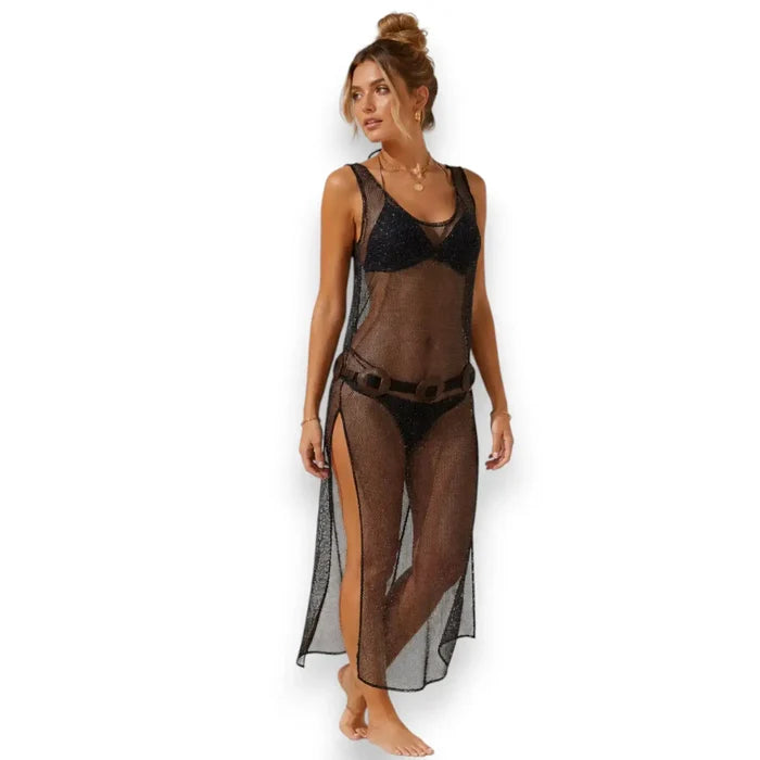 model front view wearing the black Tank Metallic Mesh Maxi Dress Cover Up / os