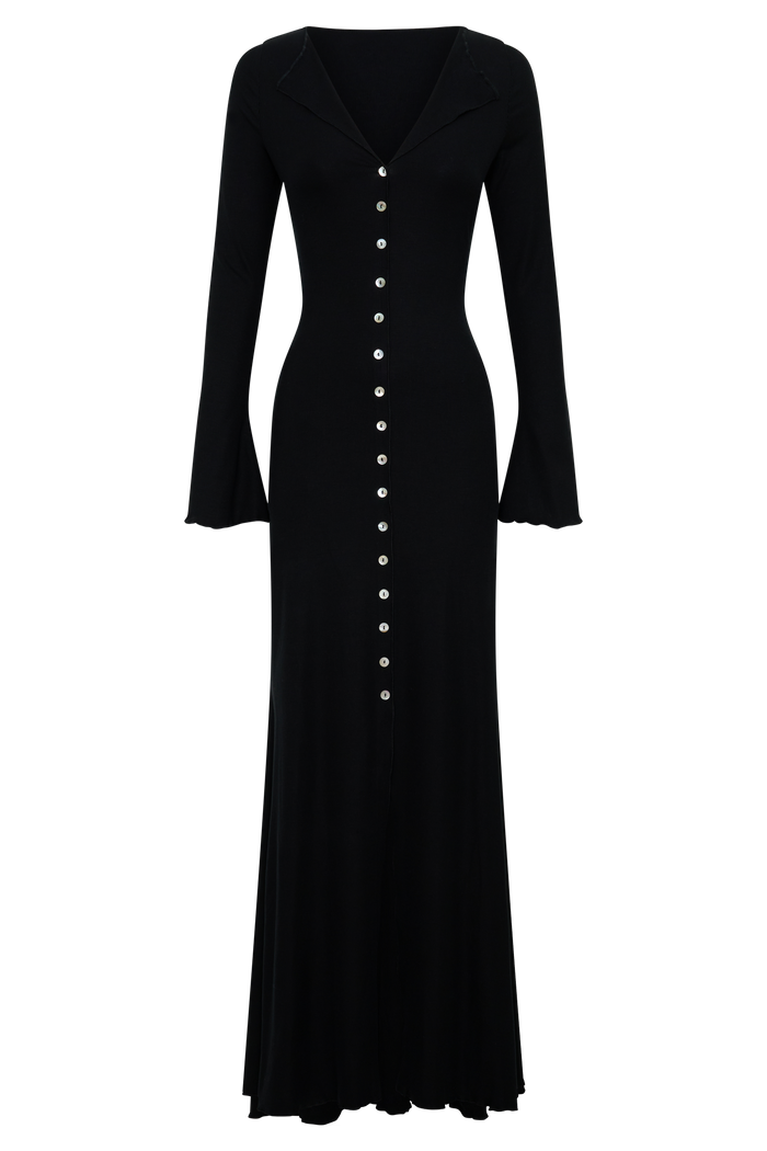Tanya Buttoned Long Sleeve Maxi Dress - Black