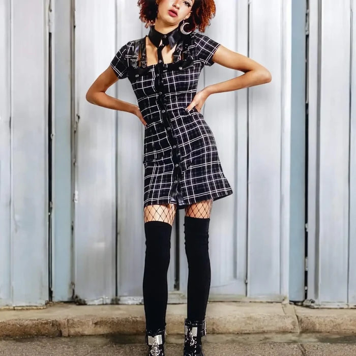 black tartan pentacle button down cut out neckline with black faux leather fold down collar,  straps alternative mini dress