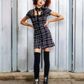 black tartan pentacle button down cut out neckline with black faux leather fold down collar,  straps alternative mini dress