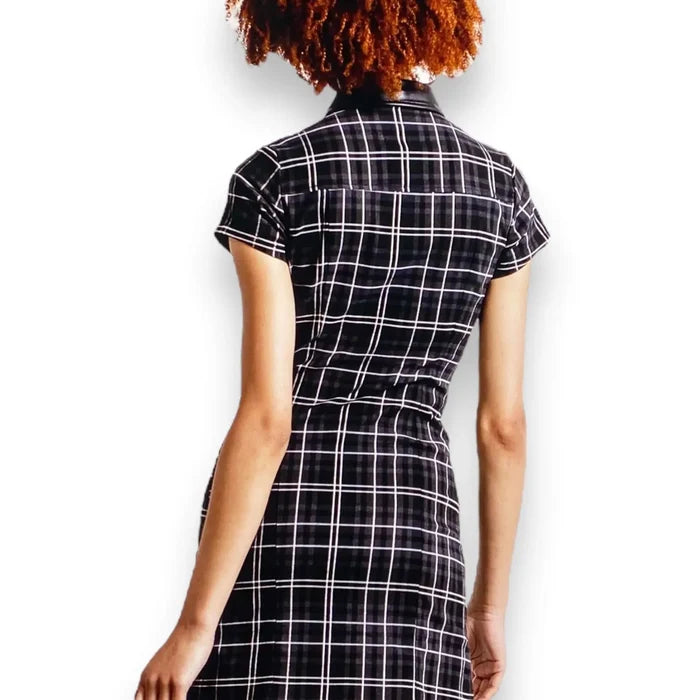 black tartan pentacle button down cut out neckline with black faux leather fold down collar,  straps alternative mini dress  back view
