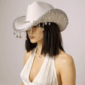 long silver beaded tassel fringe around white western hat brim