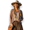 Tassel Tie Long Sleeve Brown Floral Blouse V neckline gathered pleated neckline and shirttail hem women's size small