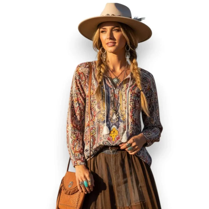 Tassel Tie Long Sleeve Brown Floral Blouse V neckline gathered pleated neckline and shirttail hem women's size small