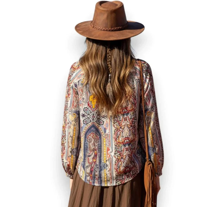 Tassel Tie Long Sleeve Brown Floral Blouse V neckline gathered pleated neckline and shirttail hem women's size small