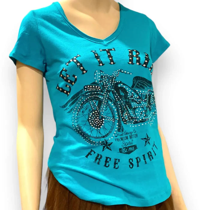 v neck short sleeve rhinestone silver studded Teal Motorcycle Studded Graphic Tees by Liberty Wear