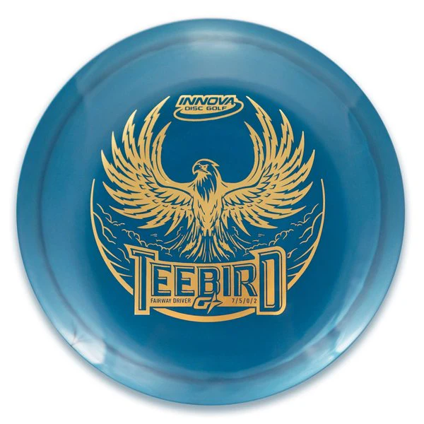 Blue disc golf disc with gold eagle design and 'Innova Disc Golf' branding on a white background