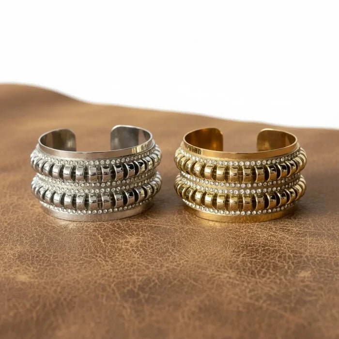 silver or gold women's Textured Crystal Wide Cuff Bracelet  adjustable one size