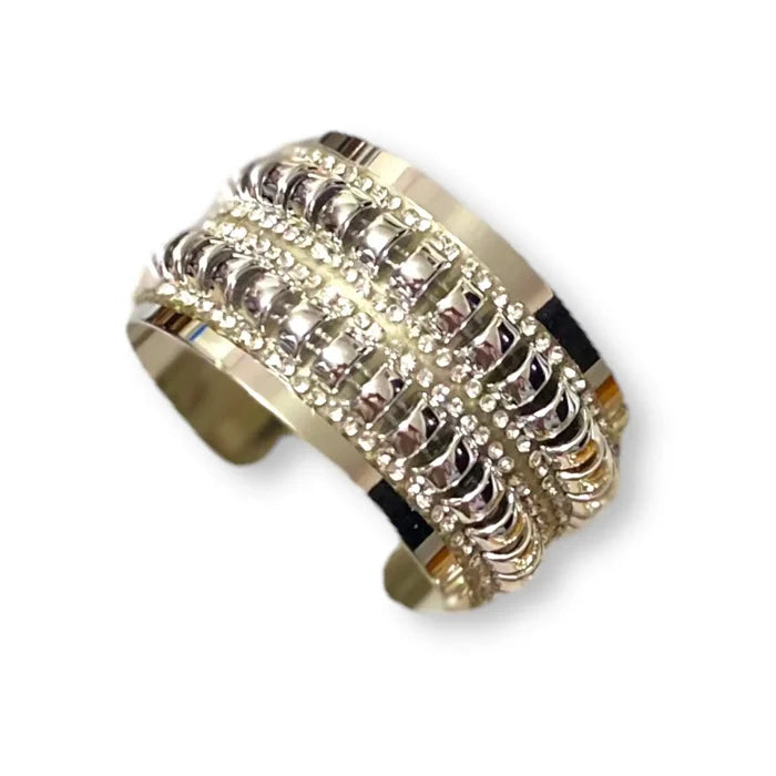 Silver Textured Crystal Wide Cuff Bracelet  adjustable one size