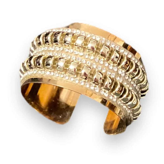Gold Textured Crystal Wide Cuff Bracelet  adjustable one size