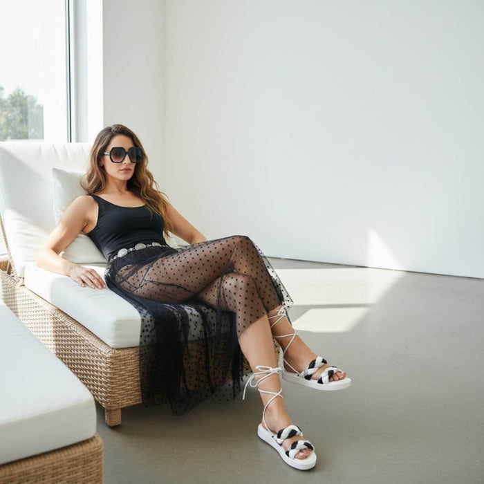 Woman resort wear Tri Color Chunky Padded Braided Lace Up Sandals with black silver white straps and ankle ties 8 or 9