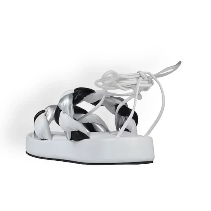 women's Tri Color Chunky Padded Braided Lace Up Sandals with black silver white straps and ankle ties  back view  8 or 9