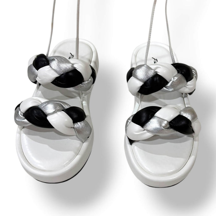 Tri Color Chunky Padded Braided Lace Up Sandals with black silver white straps and ankle ties women's size 8 or 9