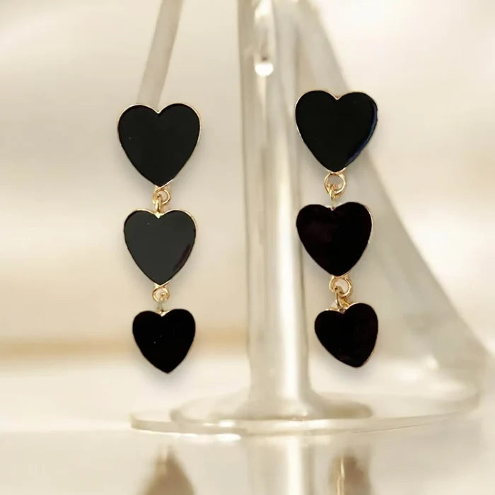 Trinity Black Heart Gold Drop Earrings