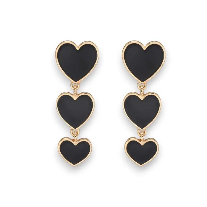 Trinity Black Heart Gold Drop Earrings