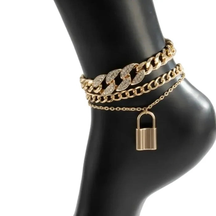 Women's Gold Anklets Set Glam Cuban Chain, Curb, Lock Charm Three Anklets- OSFM- Wild Time Fashion