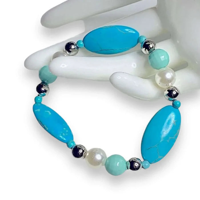 women's turquoise beaded stacked elastic bracelet with faux turquoise nuggets faux pearls and silver spacer beads stretchy fit handcrafted in USA boho western jewelry