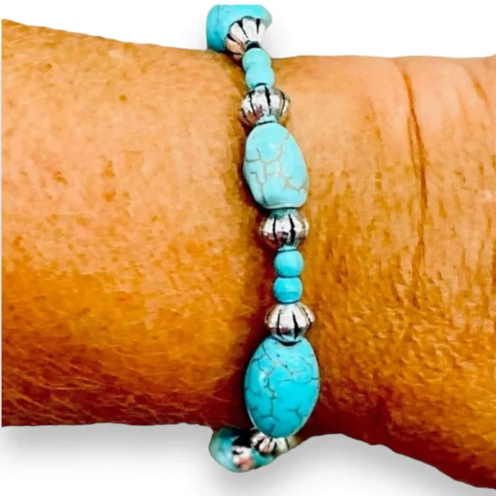 women's turquoise beaded stacked elastic bracelet with faux turquoise nuggets faux pearls and silver spacer beads stretchy fit handcrafted in USA boho western jewelry