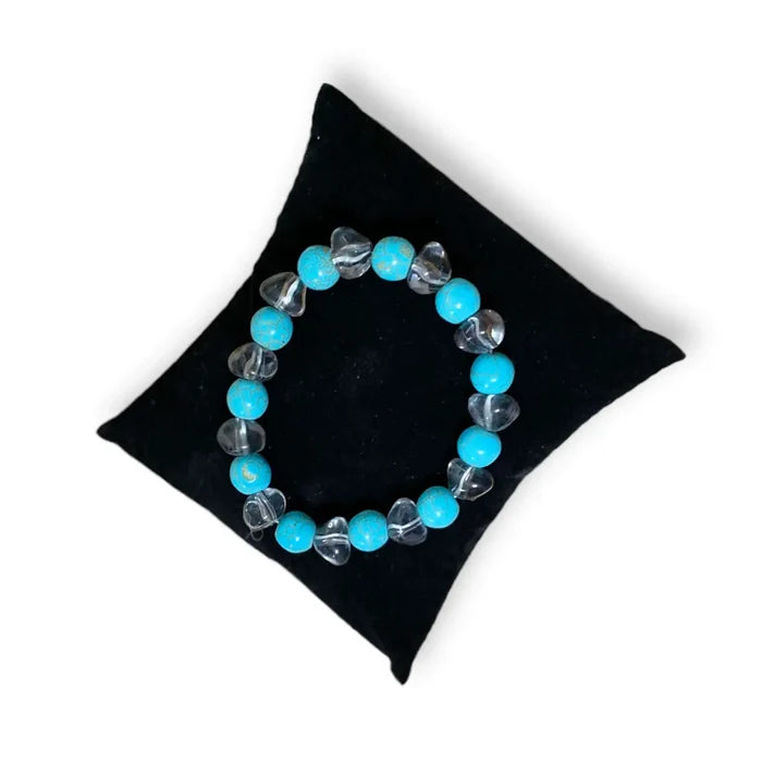 women's turquoise beaded stacked elastic bracelet with faux turquoise nuggets faux pearls and silver spacer beads stretchy fit handcrafted in USA boho western jewelry