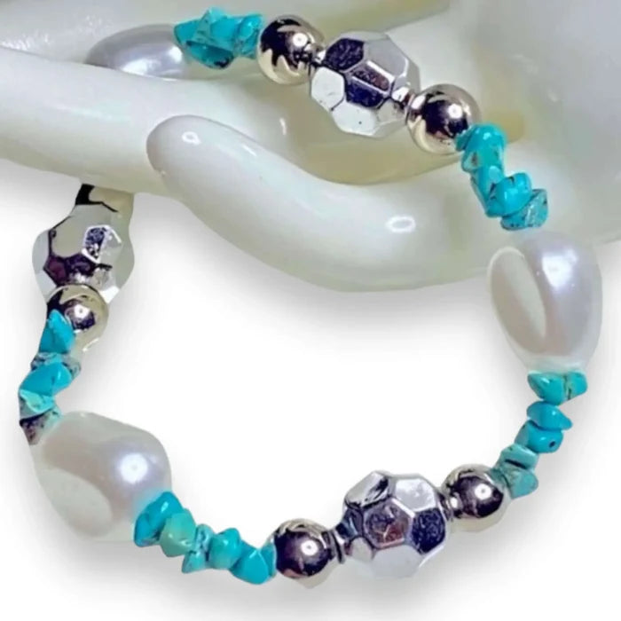 women's turquoise beaded stacked elastic bracelet with faux turquoise nuggets faux pearls and silver spacer beads stretchy fit handcrafted in USA boho western jewelry