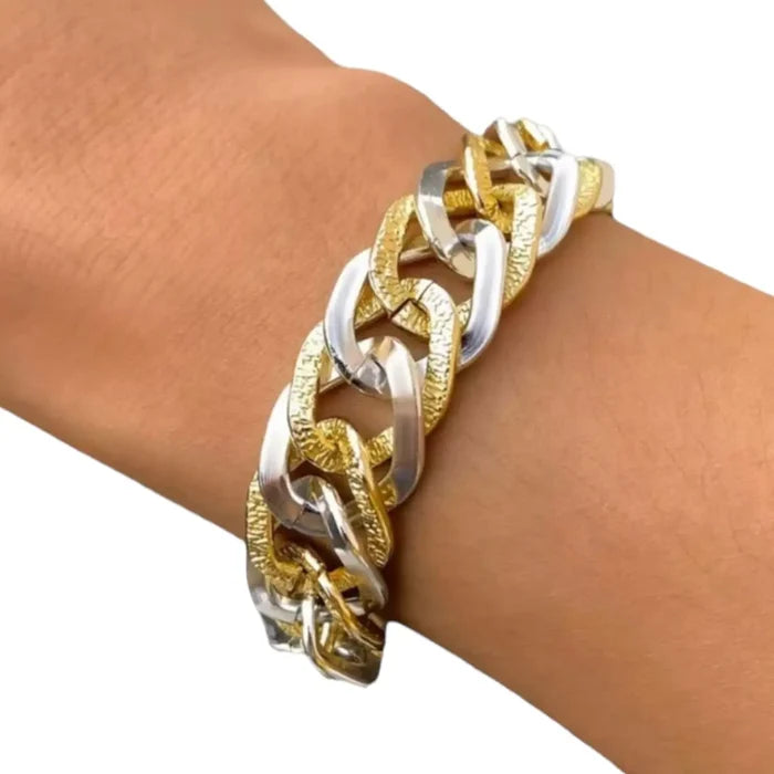 Two tone chunky link bangle bracelet gold starburst with silver smooth chunky links with adjustable extension chain one size women's