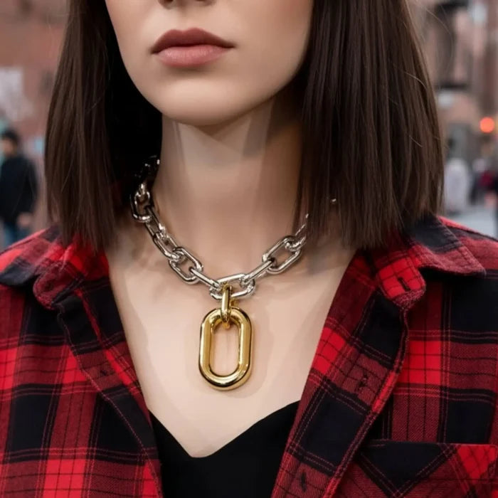 Two Tone Chunky Statement Choker silver and gold pendant adjustable lobster clasp and extension bold necklace one size