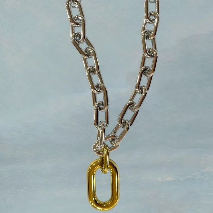 Two Tone Chunky Statement Choker silver and gold pendant adjustable lobster clasp and extension bold necklace one size