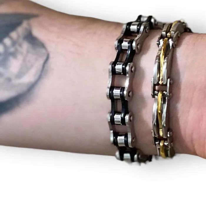 Two Tone Motorcycle Link Chain Bracelet in black and silver stainless steel with biker style chain links