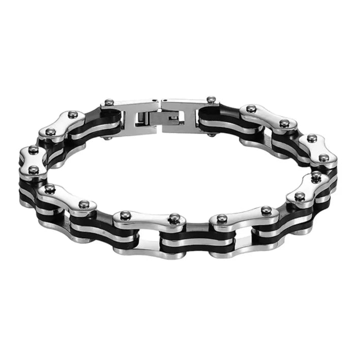 Two Tone Motorcycle Link Chain Bracelet in black and silver stainless steel with biker style chain links