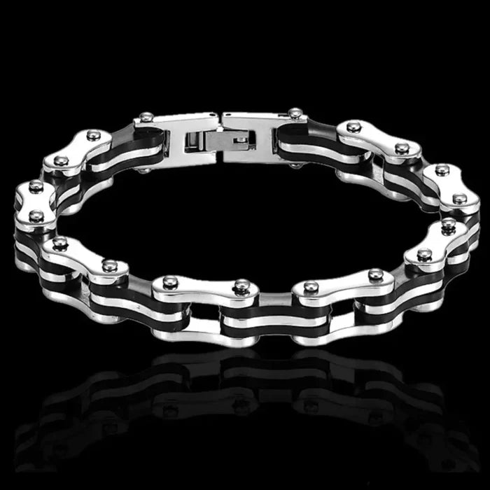 Two Tone Motorcycle Link Chain Bracelet in black and silver stainless steel with biker style chain links