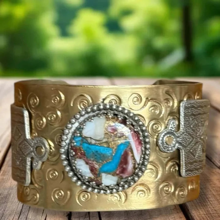 Two Tone Rebel cuff bracelet with 24.3mm spiny turquoise cabochon, sterling silver thunderbirds, and hand-hammered brass mixed-metal western statement jewelry