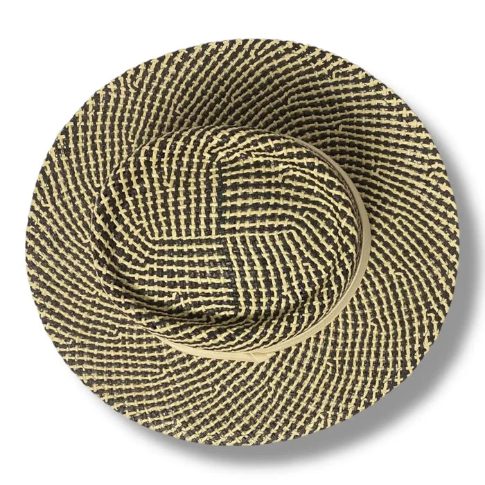 Bold summer straw boater hat with pork pie crown and two-tone black ivory styling.