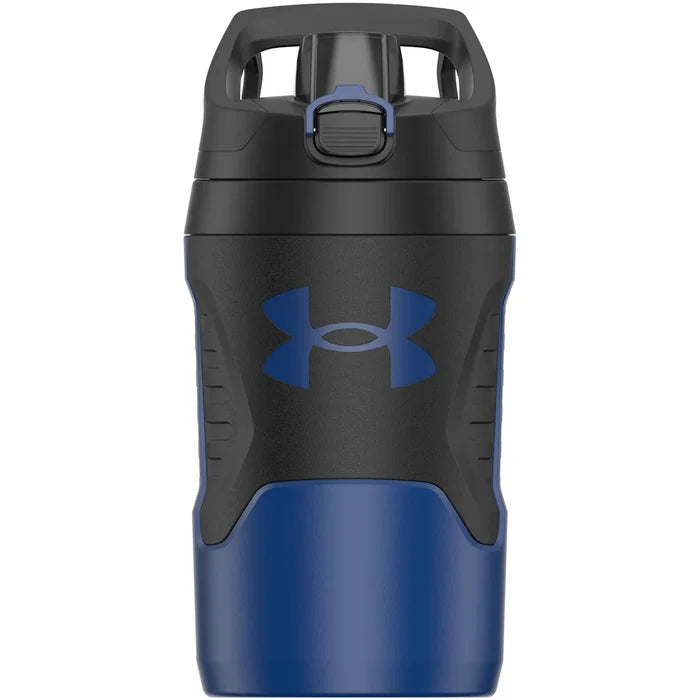 Blue and black water bottle with Under Armour logo on a white background