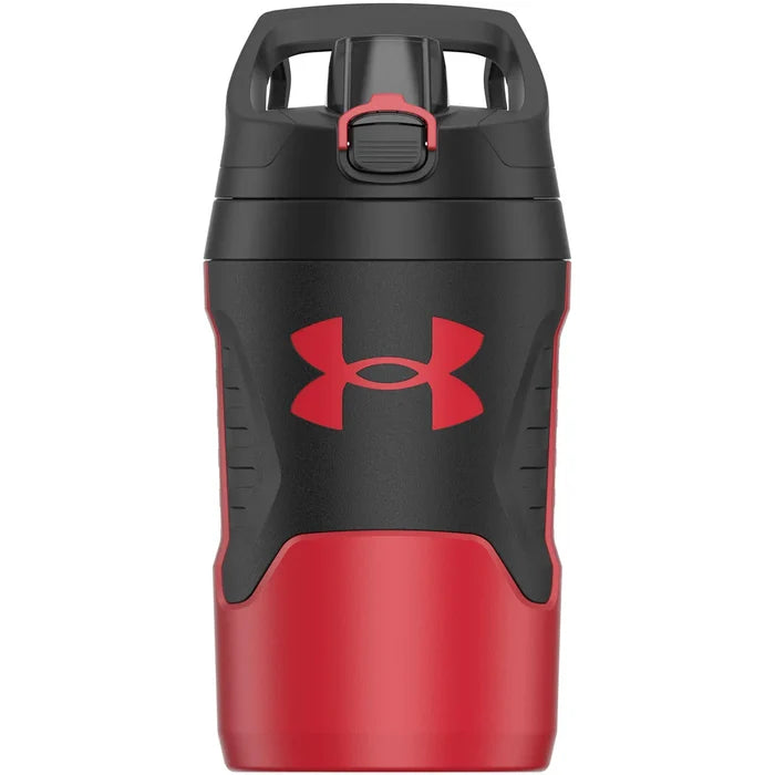 Red and black water bottle with Under Armour logo on a white background