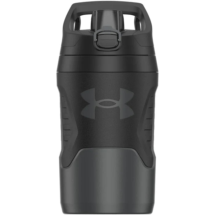 Black water bottle with Under Armour logo on a white background