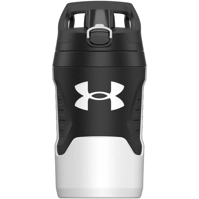 Black and white water bottle with Under Armour logo on a white background