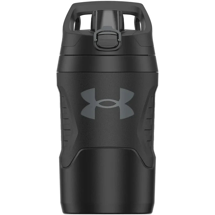 Black water bottle with Under Armour logo on a white background