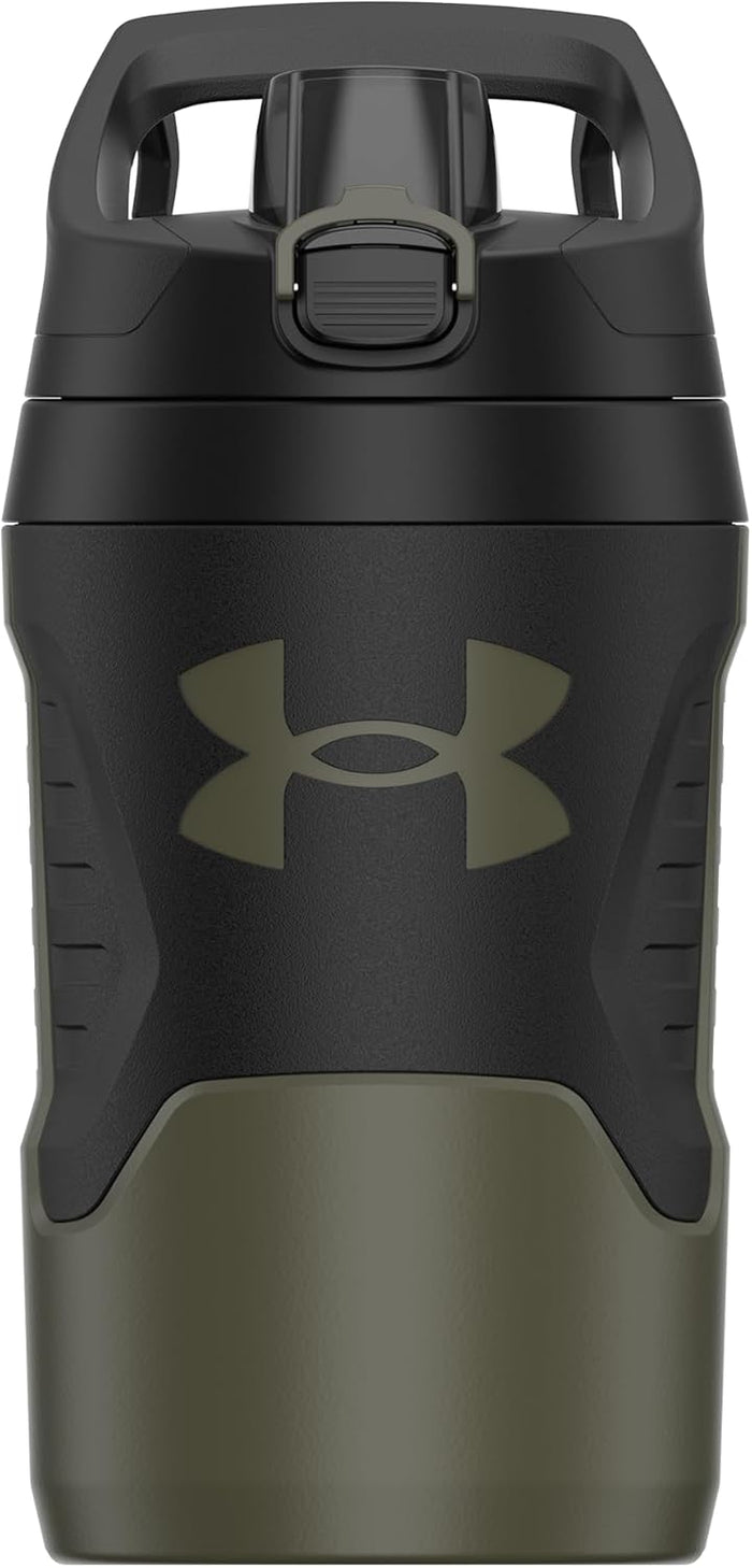 Black and green Under Armour water bottle on a white background
