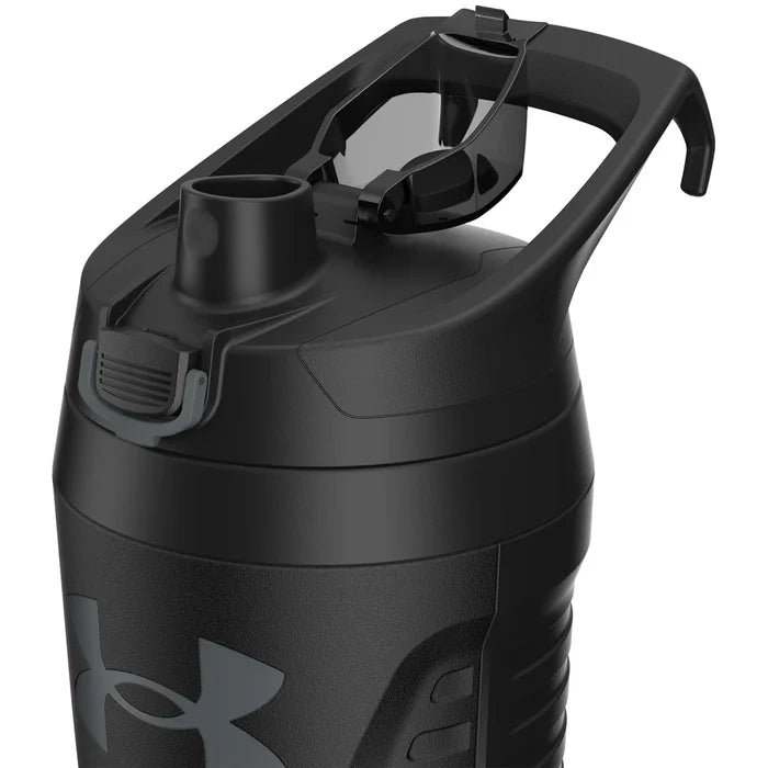 Black Under Armour shaker bottle with handle on a white background