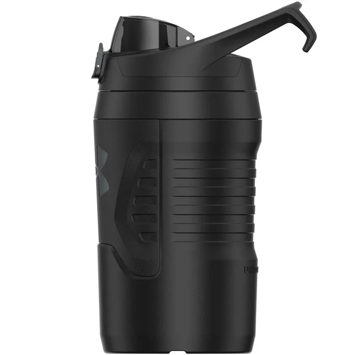 Black shaker bottle with a handle on a white background