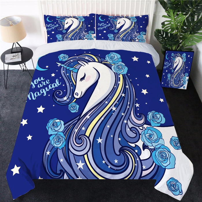 Unicorn Bedding Set With Flowers Cute Colorful Duvet Cover Set 3PCS - BlueArtDecor