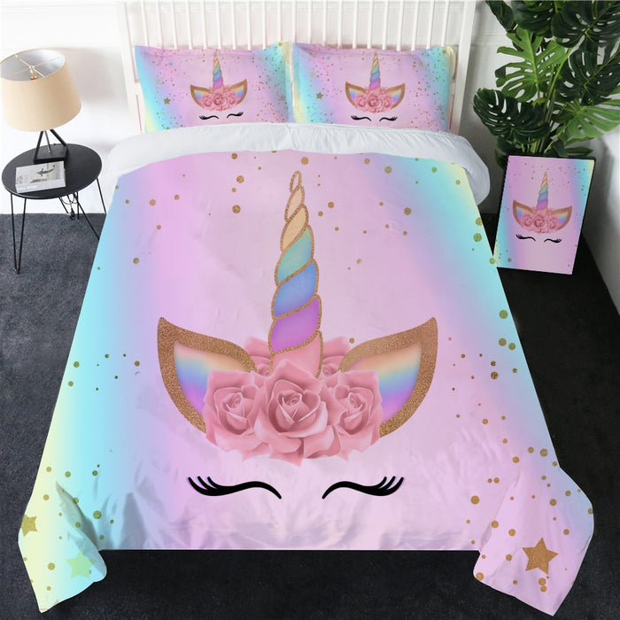 Unicorn Bedding Set With Flowers Cute Colorful Duvet Cover Set 3PCS - BlueArtDecor